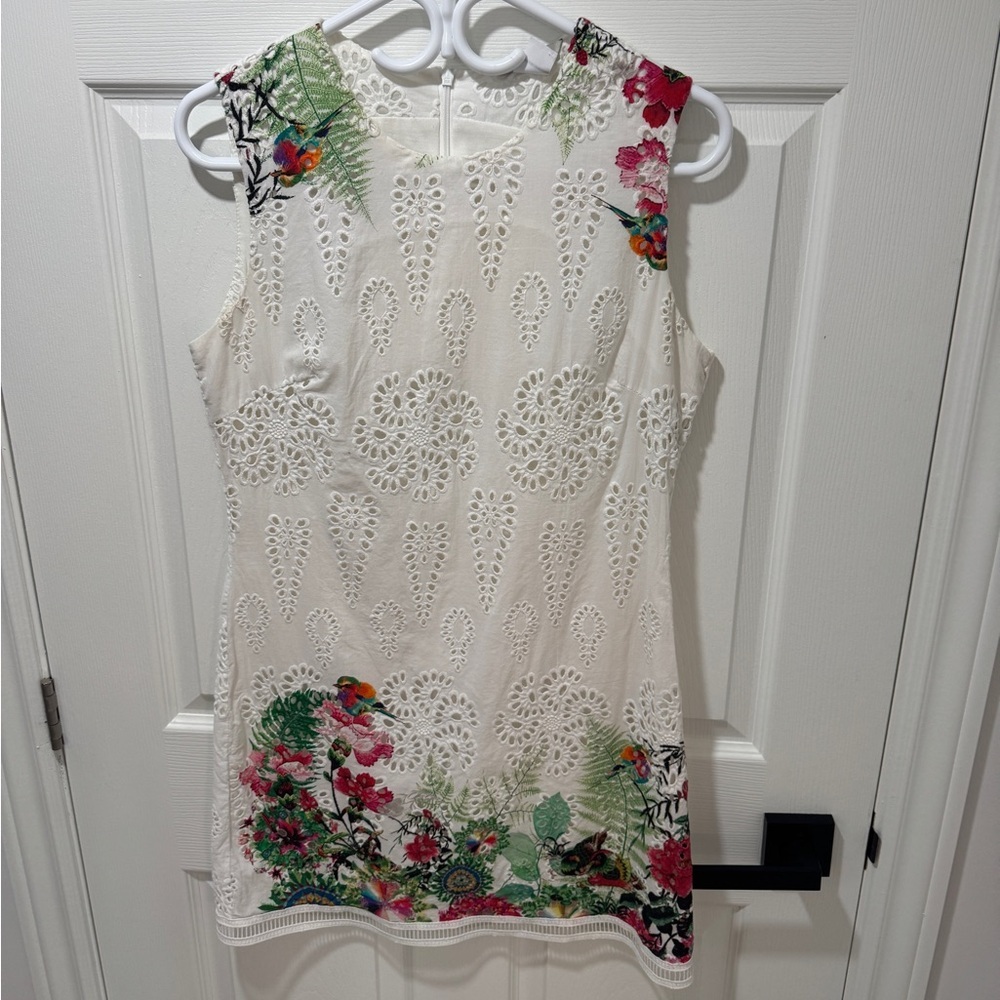 Desigual -  Sleeveless Dress, Floral Motifs, Eyelet Fabric, Size 40